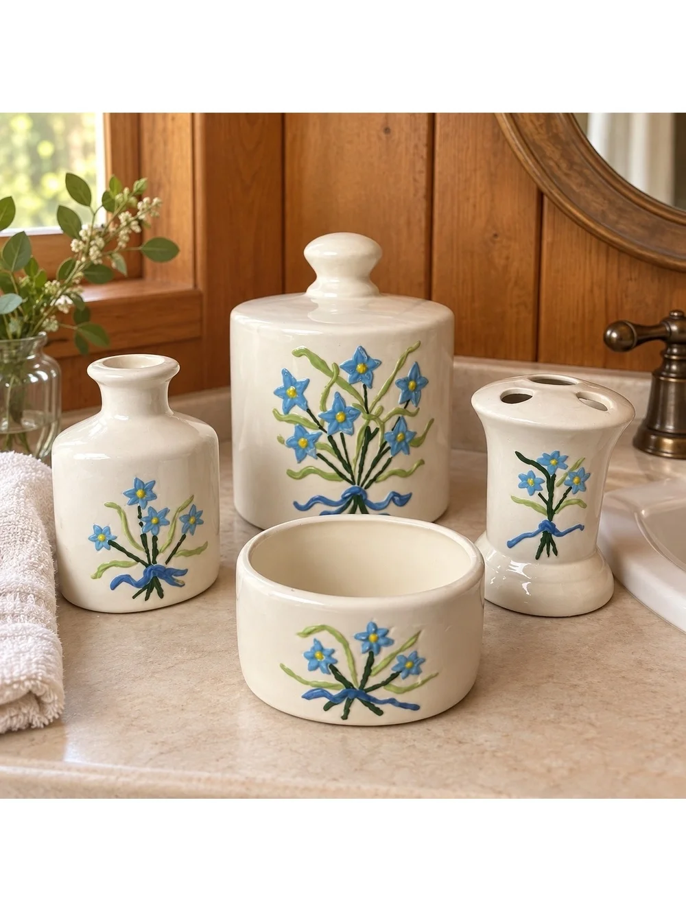 Vintage 1979 Ceramic Bathroom Set Blue Floral Handmade 4 Piece Vanity Décor